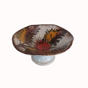 Midcentury Modern Hand Painted Italian Pedestal Ceramic Bowl Autumn Leaf Design